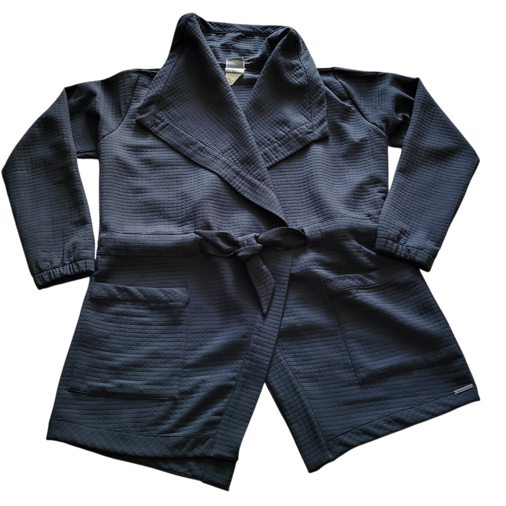 New Balance Studio Tie Waist Jacket Women Sz L Black Belt Front Pockets Wrap